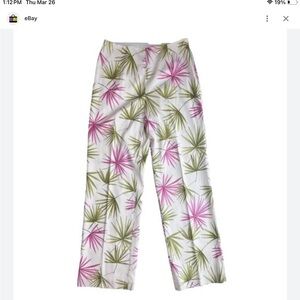 Talbots White Palm-Print Pants with Pink & Green Leaves